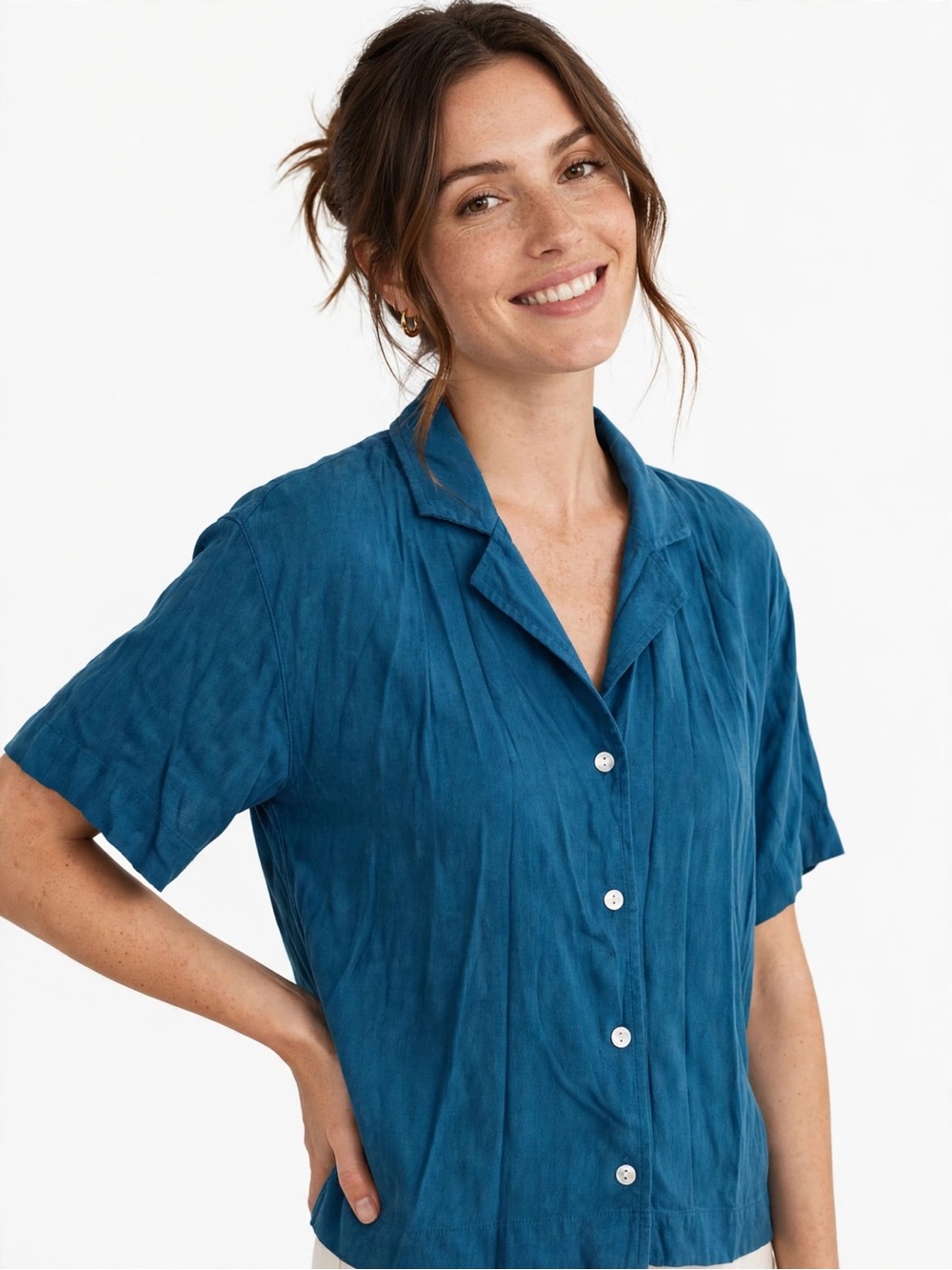 Madewell M Teal Blue Short Sleeve Button Front Collared Blouse Casual Coastal